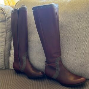 Rare John Fluevog Freedom Boots Maroon and grey leather with gold rivets.